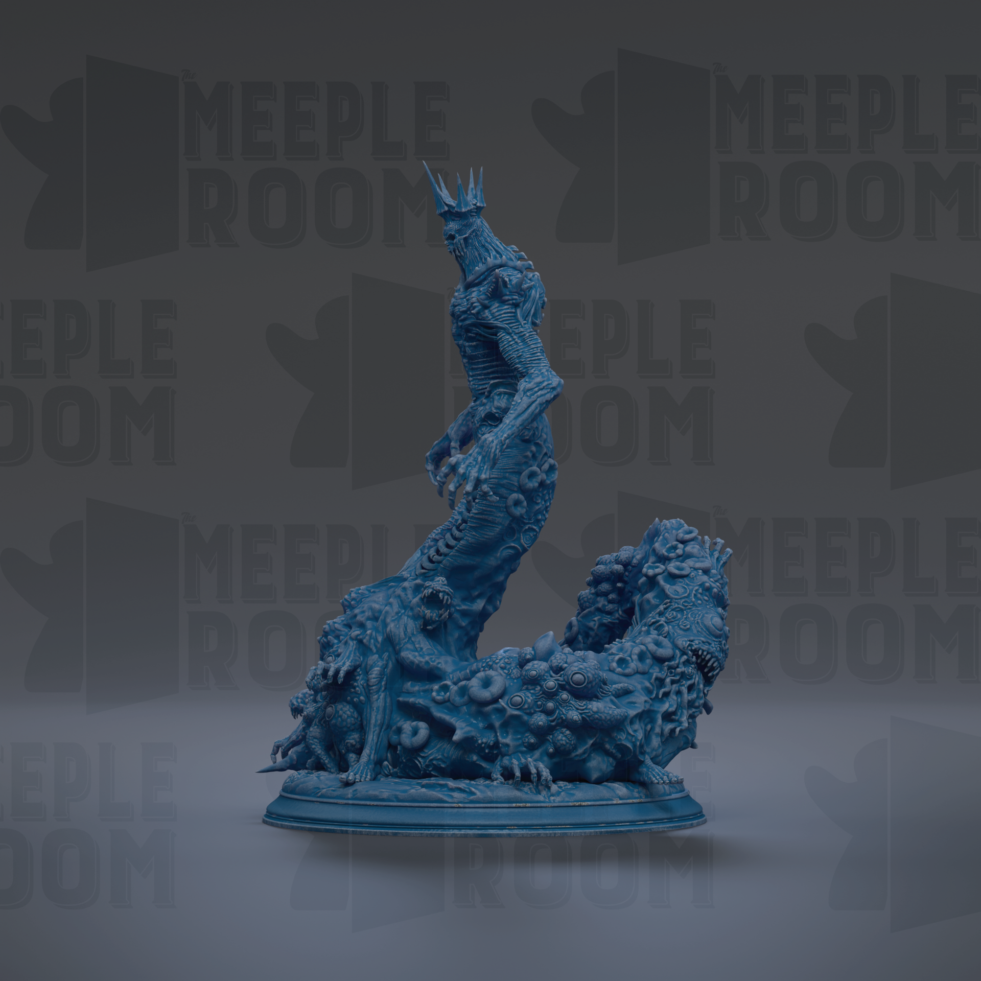 A blue, 3D-rendered statue of a fantastical creature with a crown-like head, standing on a base and surrounded by intricate, organic-looking textures and patterns.