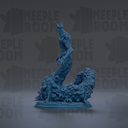 A blue, 3D-rendered statue of a fantastical creature with a crown-like head, standing on a base and surrounded by intricate, organic-looking textures and patterns.