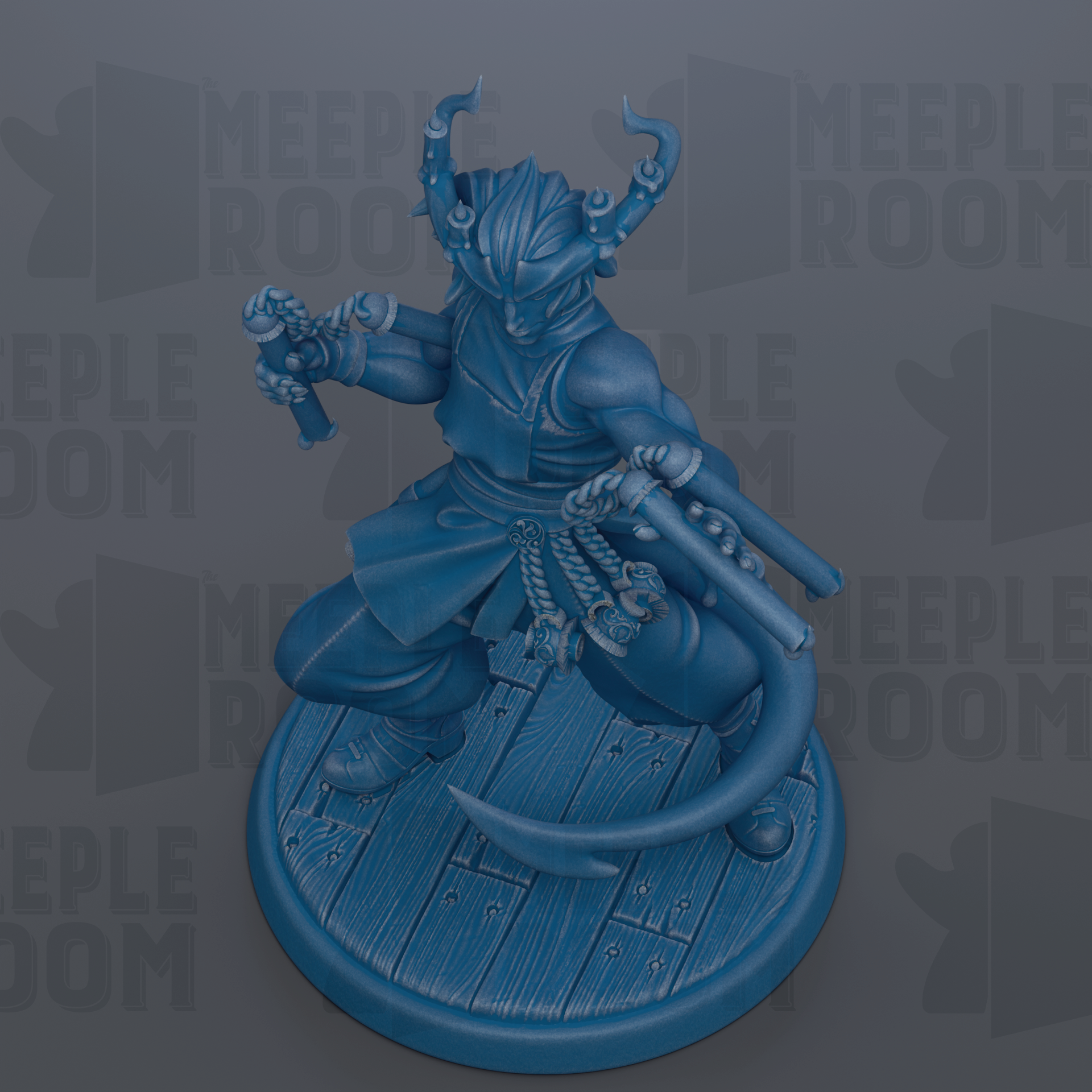 A blue figurine of a warrior figure with horns and a sword, standing on a wooden base.