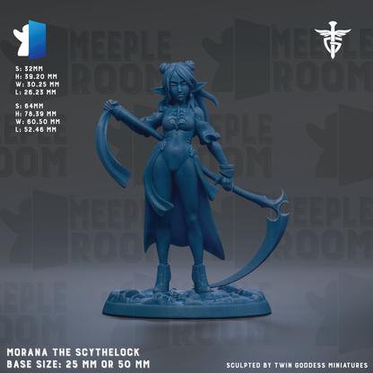 The image is a figurine of a female character, specifically Morana the Scythelock, with a detailed design and a sword in her hand. The figurine is described as a base size of 25mm or 50mm, and it is sculpted by Twin Goddess Miniatures.