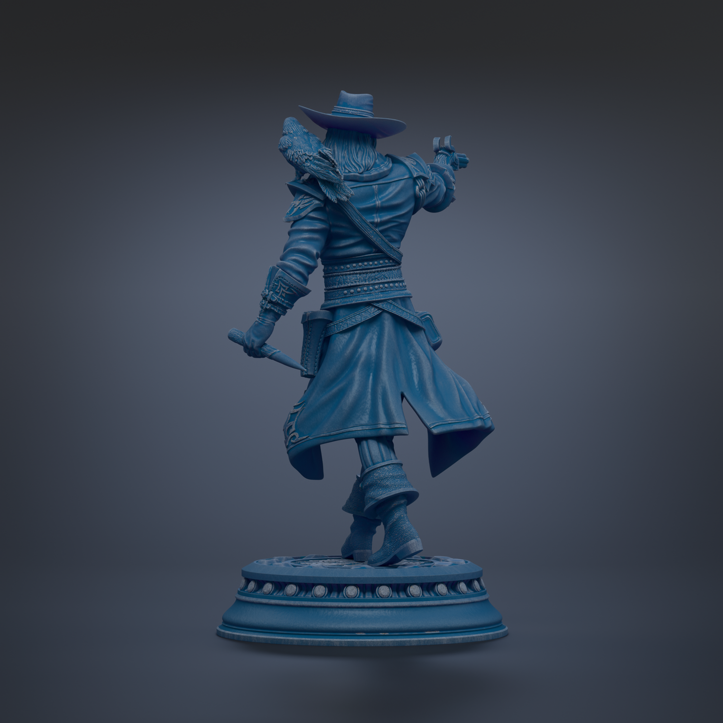 A blue statue of a person wearing a hat and holding a weapon, standing on a pedestal.
