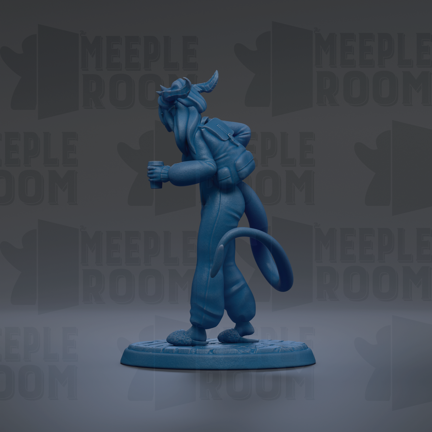 A blue figurine of a person with horns and a backpack is standing on a platform against a dark background with repeated text.