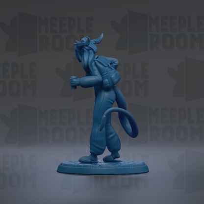A blue figurine of a person with horns and a backpack is standing on a platform against a dark background with repeated text.