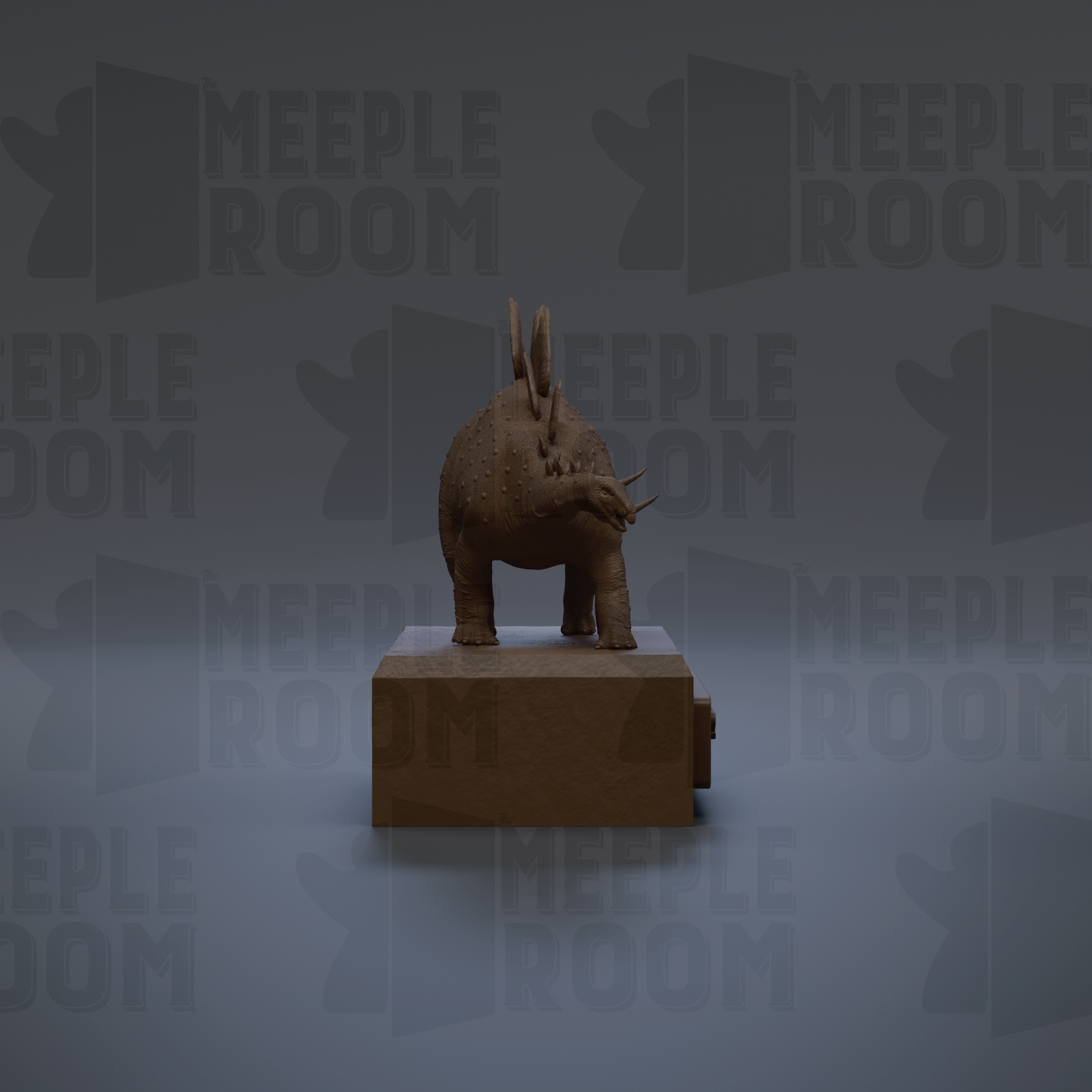 A 3D rendering of a triceratops figurine standing on a rectangular base against a dark background with repeated text.