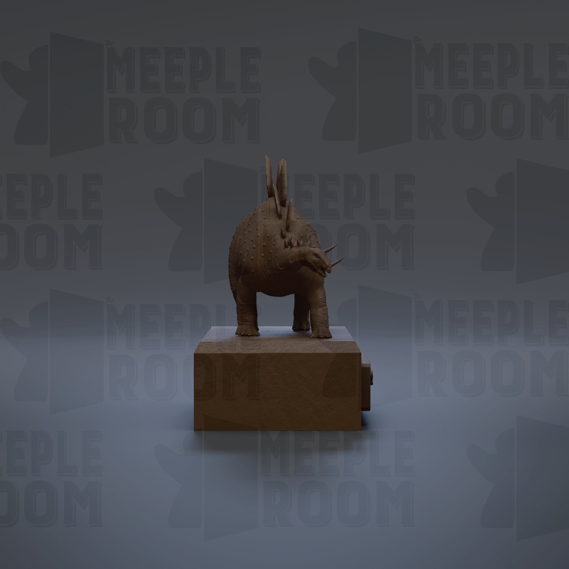 A 3D rendering of a triceratops figurine standing on a rectangular base against a dark background with repeated text.
