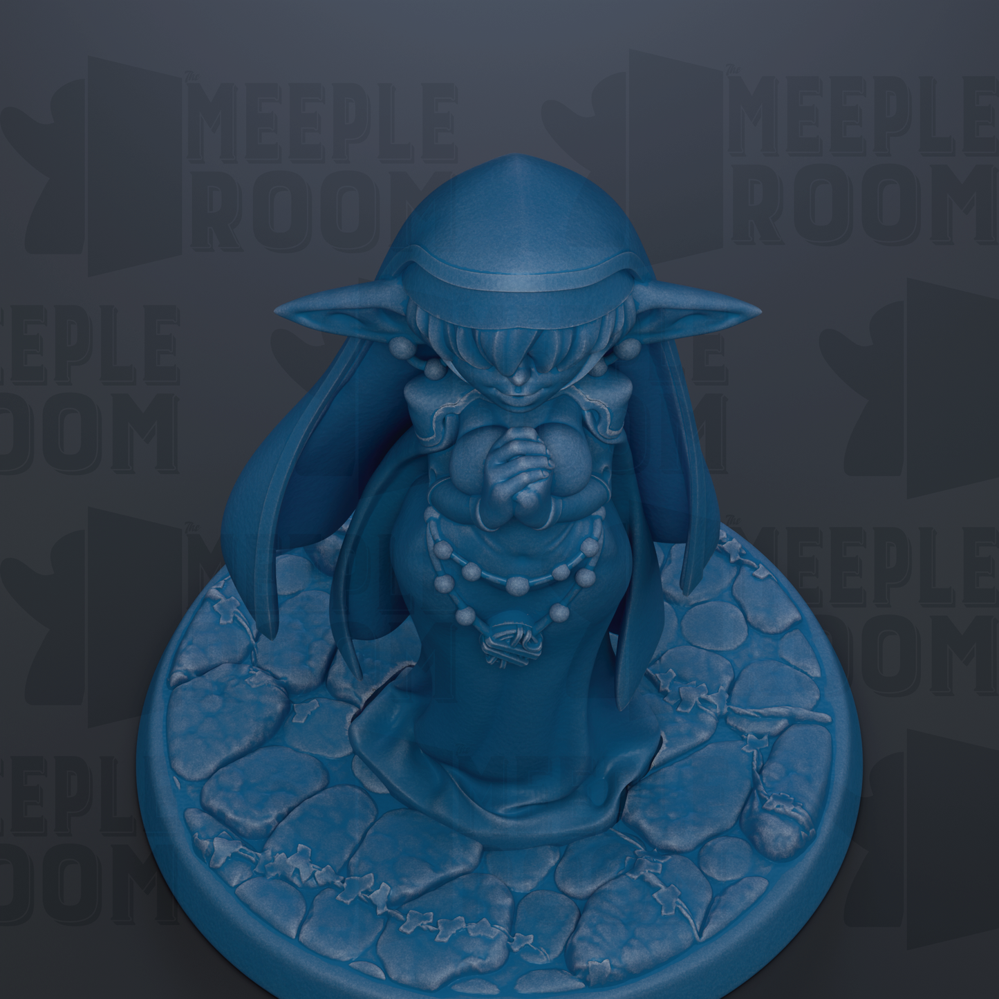 A blue figurine of a person with a pointed hat and a necklace, standing on a stone base.