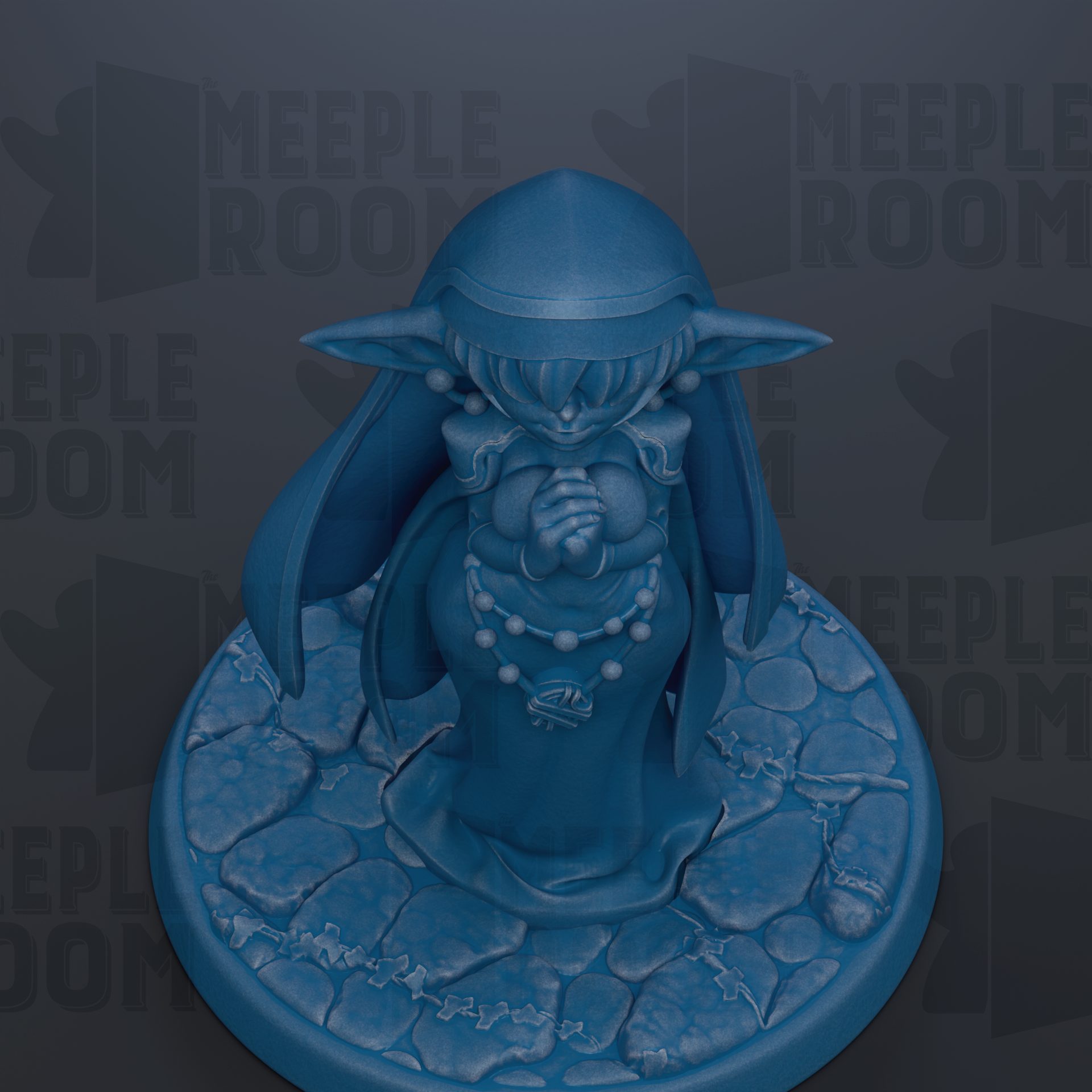 A blue figurine of a person with a pointed hat and a necklace, standing on a stone base.