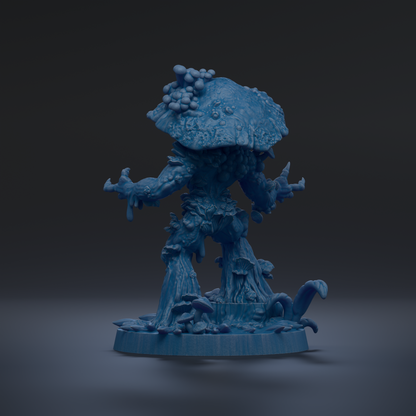 A 3D rendering of a blue, mushroom-like creature with a large head and arms, standing on a base with other mushrooms.