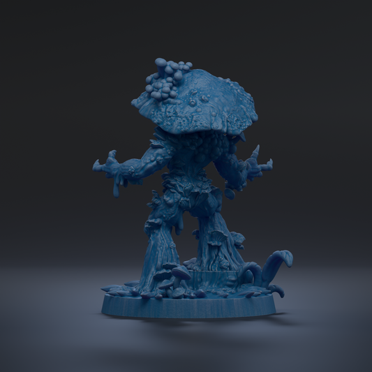 A 3D rendering of a blue, mushroom-like creature with a large head and arms, standing on a base with other mushrooms.