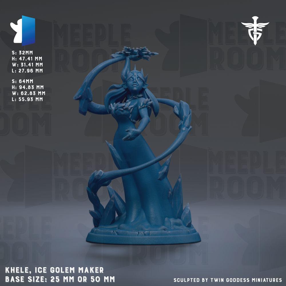 a figurine of an Ice Golem Maker, a mythical creature with the body of a woman and the head of a woman. The figurine is blue and is described as a base size of 25mm or 50mm. The figurine is sculpted by Twin Goddess Miniatures.