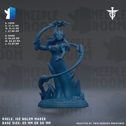 a figurine of an Ice Golem Maker, a mythical creature with the body of a woman and the head of a woman. The figurine is blue and is described as a base size of 25mm or 50mm. The figurine is sculpted by Twin Goddess Miniatures.
