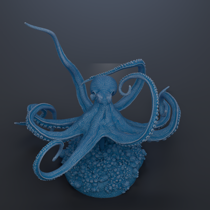 A 3D rendering of a blue octopus with its tentacles spread out, appearing to be in a relaxed or resting position.