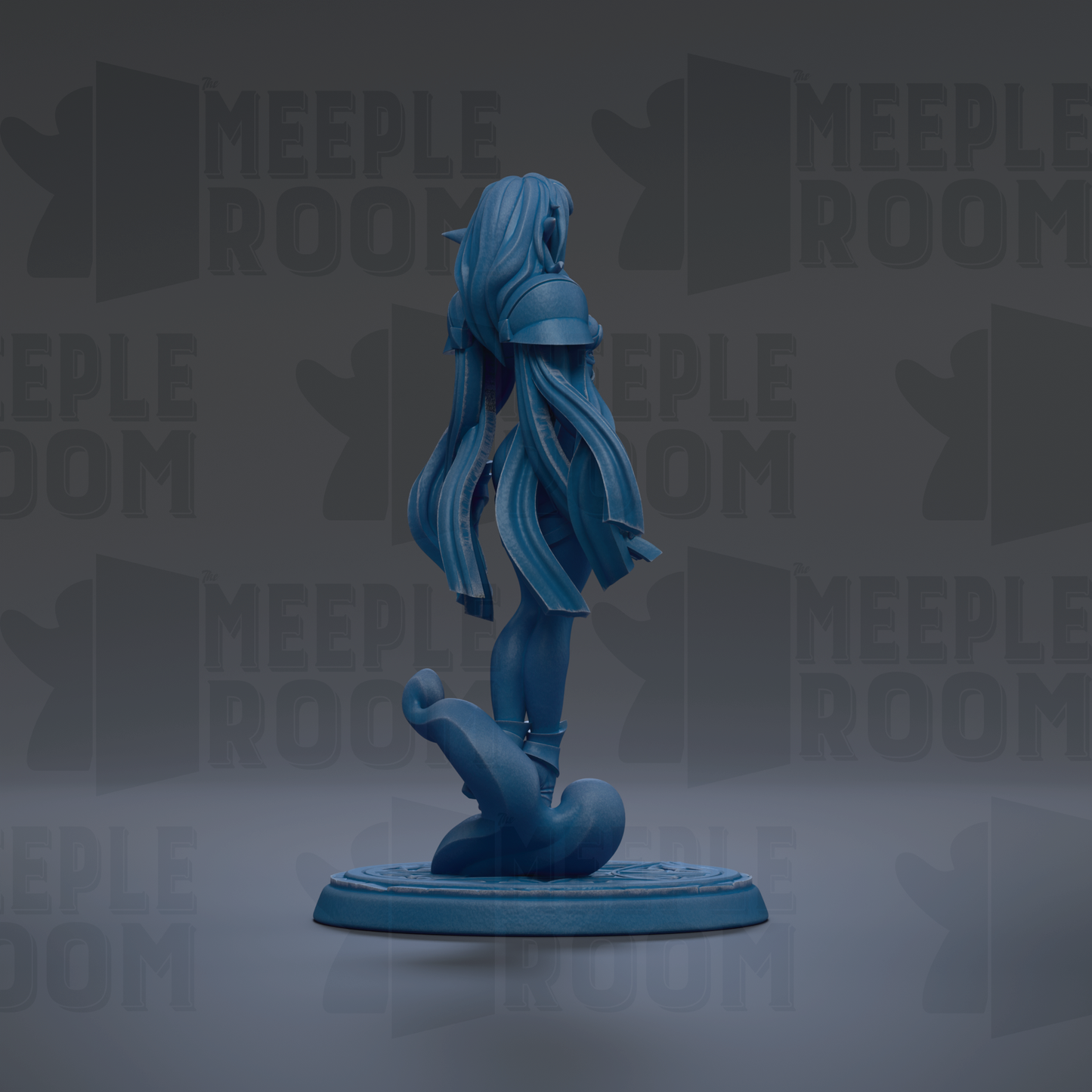 A blue figurine of a woman with long hair stands on a platform against a dark background with repeated "MEUPLE ROOM" text.
