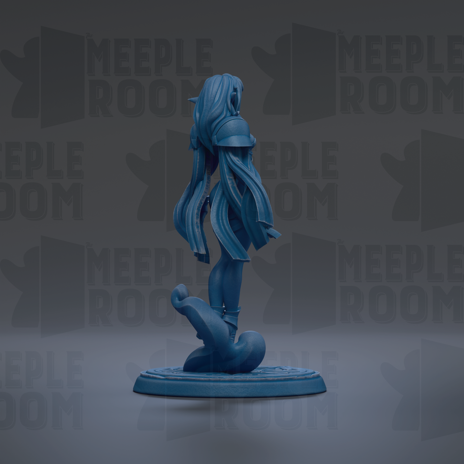 A blue figurine of a woman with long hair stands on a platform against a dark background with repeated "MEUPLE ROOM" text.
