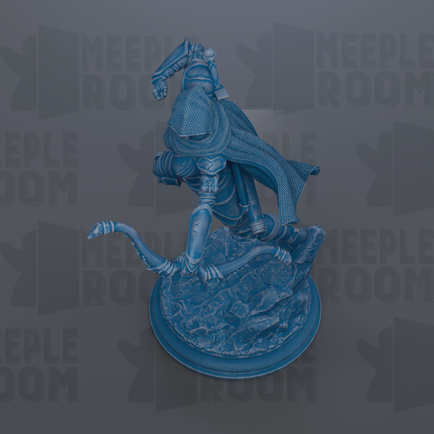 A 3D rendering of a blue armored figure, possibly a warrior or knight, standing on a rocky base and holding a weapon.