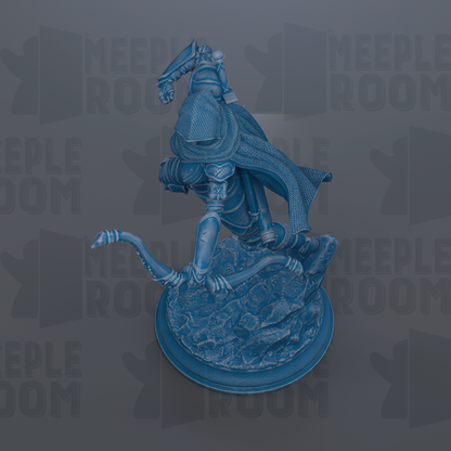 A 3D rendering of a blue armored figure, possibly a warrior or knight, standing on a rocky base and holding a weapon.
