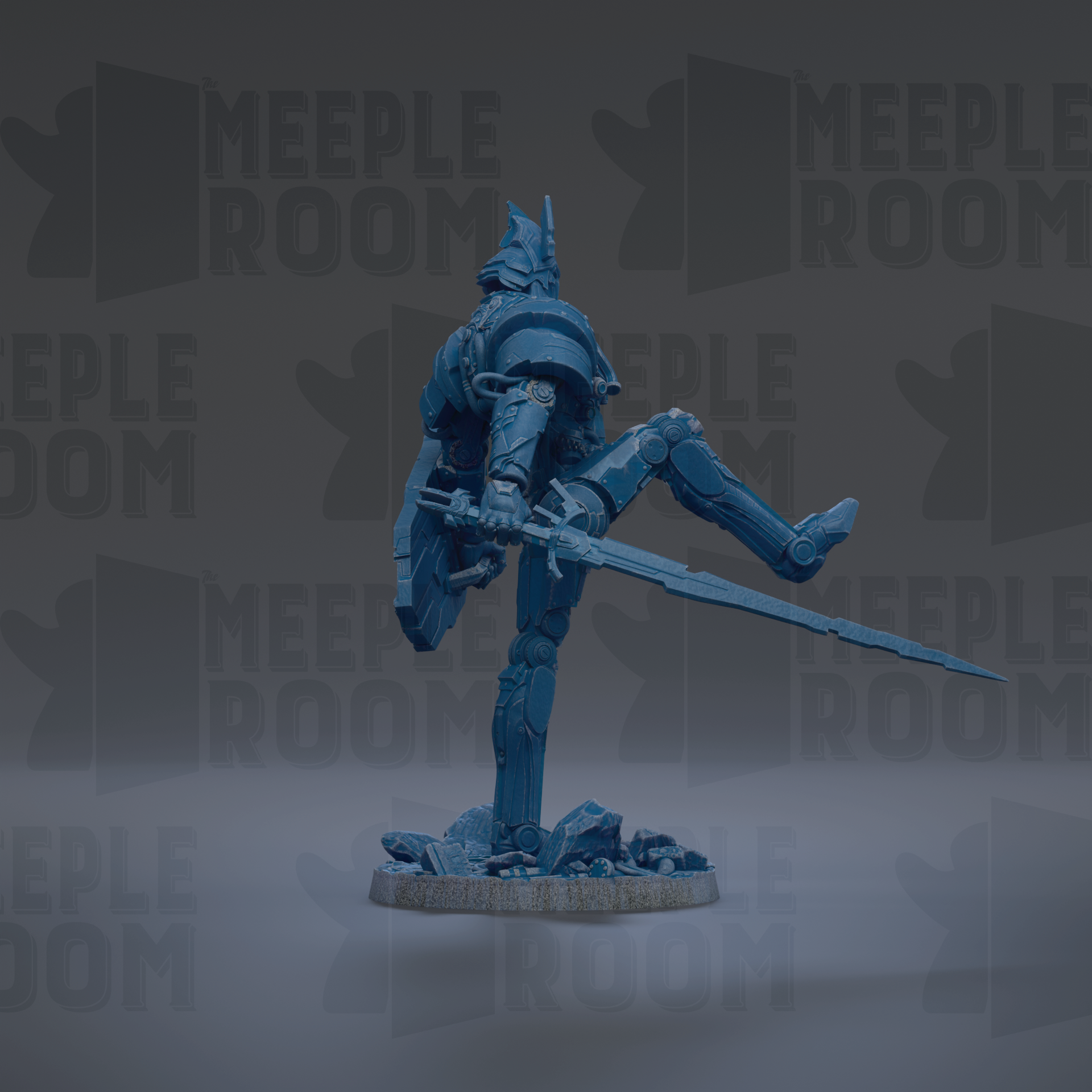 A blue, armored robot figure holding a sword stands on a base against a dark background with repeated "MEIPL" text.