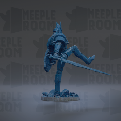 A blue, armored robot figure holding a sword stands on a base against a dark background with repeated "MEIPL" text.