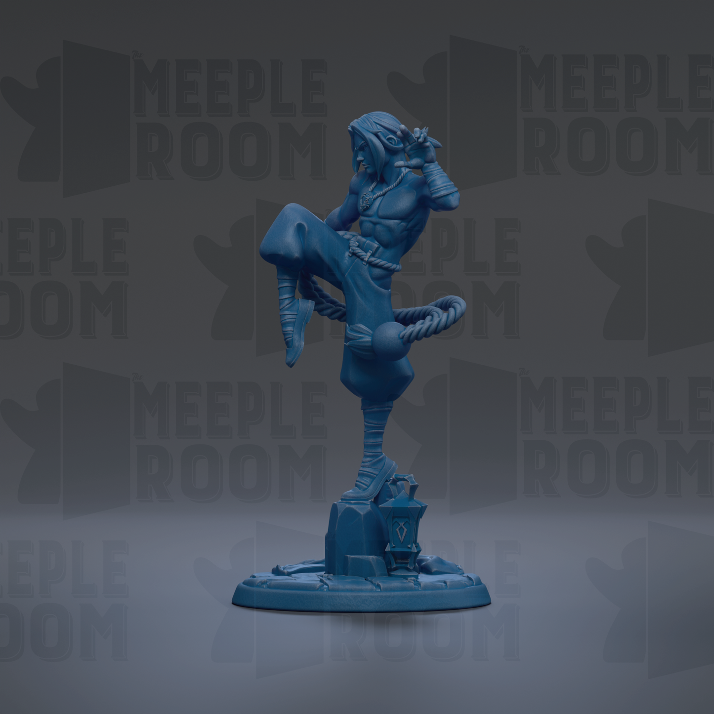 A blue figurine of a person standing on one leg, with a rope around their waist, against a dark background with repeated text.