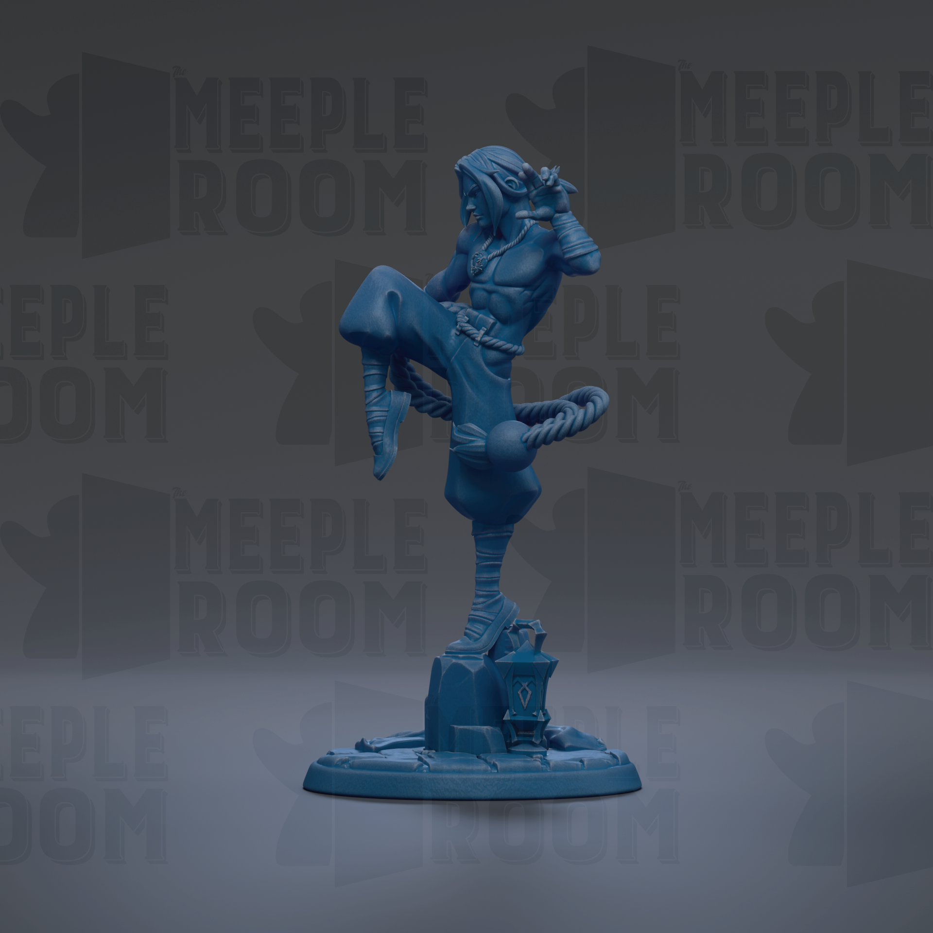 A blue figurine of a person standing on one leg, with a rope around their waist, against a dark background with repeated text.