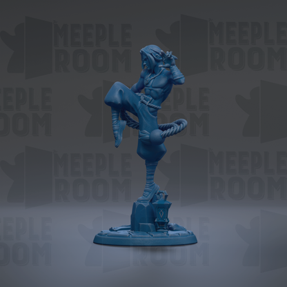A blue figurine of a person standing on one leg, with a rope around their waist, against a dark background with repeated text.