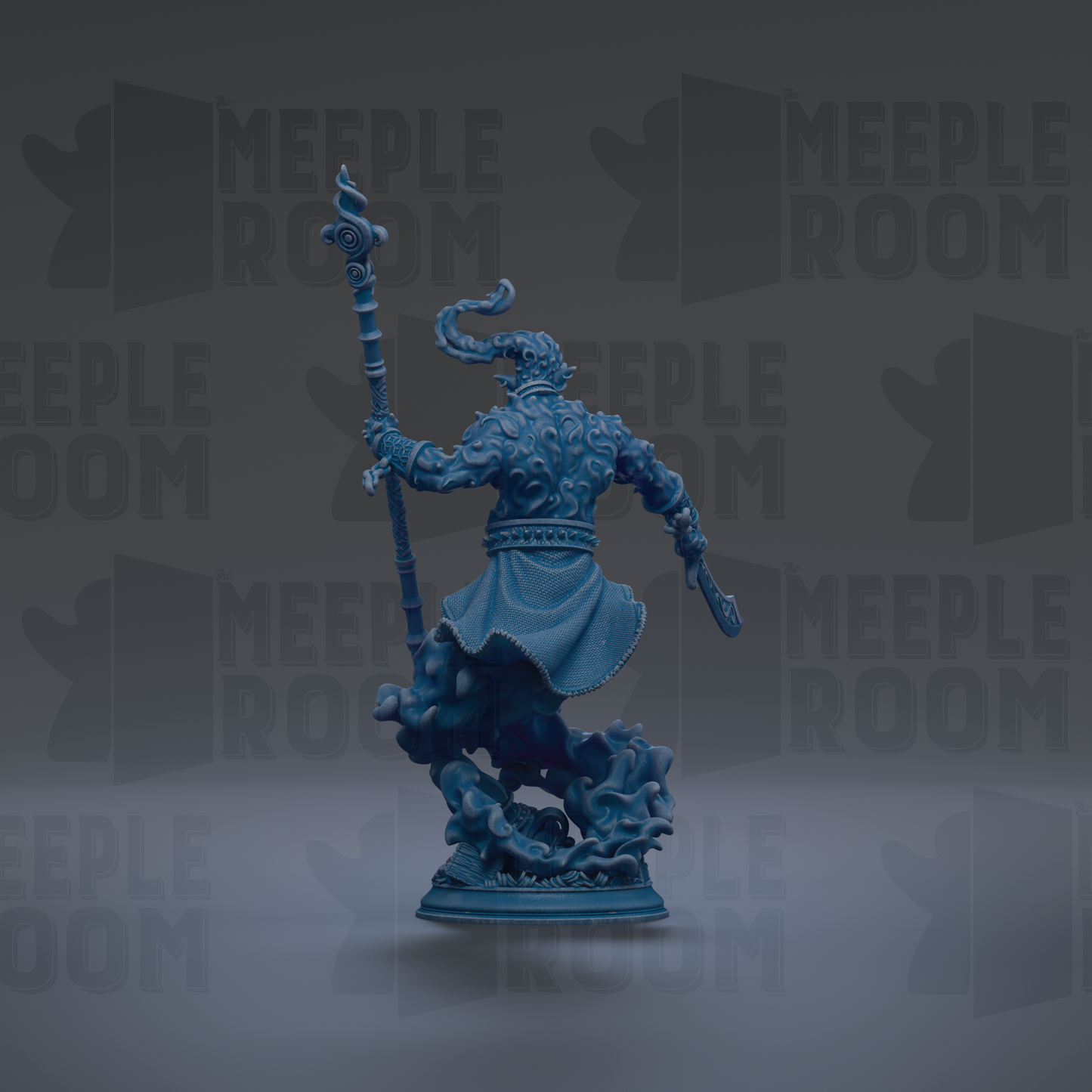 A blue figurine of a fantastical creature, possibly a dragon or serpent, is shown against a dark background with repeated text.