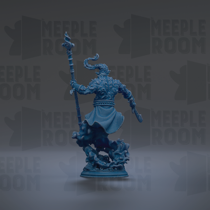 A blue figurine of a fantastical creature, possibly a dragon or serpent, is shown against a dark background with repeated text.