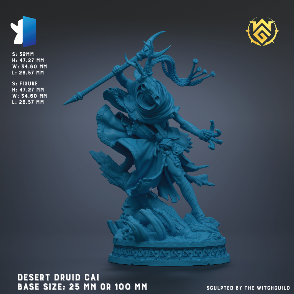 The image is a detailed sculpture of a desert Druid character, with intricate details and a blue color scheme. The sculpture is shown in a dynamic pose, with the Druid holding a weapon and surrounded by various elements. The base size of the sculpture is 25 mm or 100 mm, depending on the perspective. The image is a collaboration of multiple images, and the artist has been sculpted by the Witchguild.