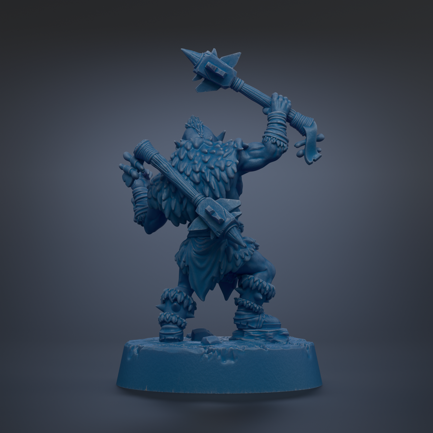 A blue, 3D-rendered warrior figure holding a large weapon and standing on a base.