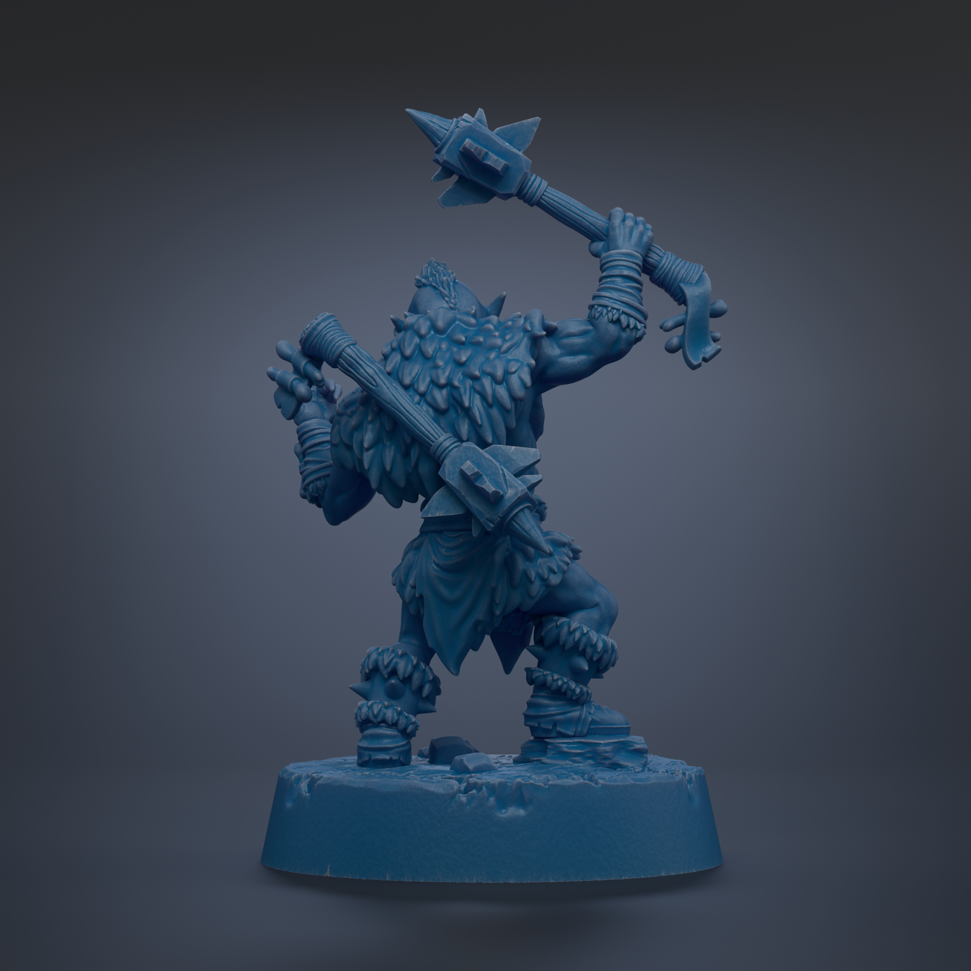 A blue, 3D-rendered warrior figure holding a large weapon and standing on a base.