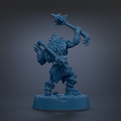 A blue, 3D-rendered warrior figure holding a large weapon and standing on a base.