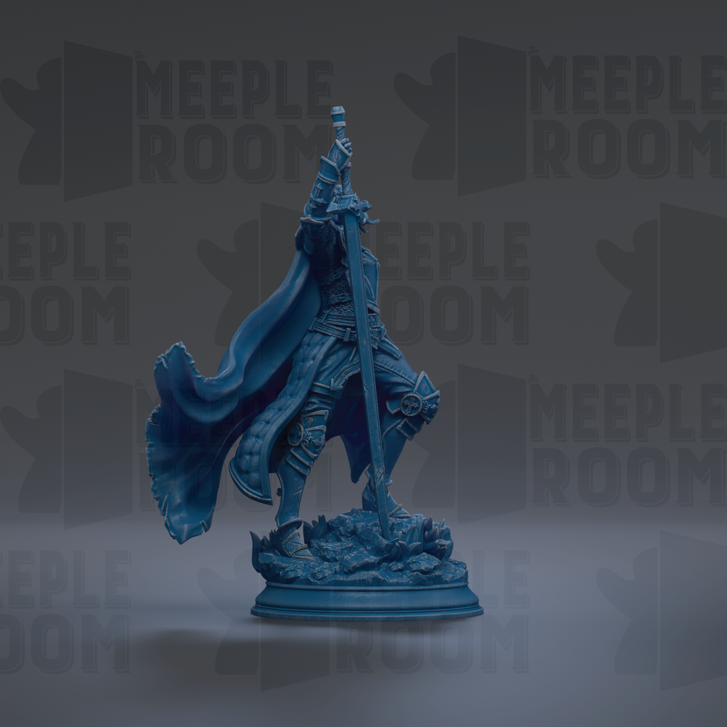 A blue statue of a warrior figure holding a sword and shield, standing on a base.