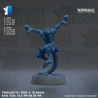 a blue figurine of a muscular, clawed creature with a long tail, standing on a base and appearing to be in a dynamic pose. The figurine is described as a "Troglodyte" and is shown in various sizes, including a "base size: 4, 12.5 base" and "base size: 12.5 mm or 25 mm". The background of the image is a dark gray color, and the text "SORDANE PUBLISHING" is visible.