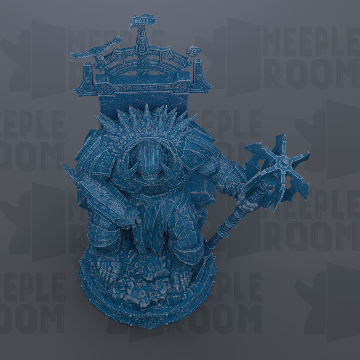 A blue, 3D-rendered statue of a warrior figure with a crown, holding a spear and shield, set against a dark background with repeated text.