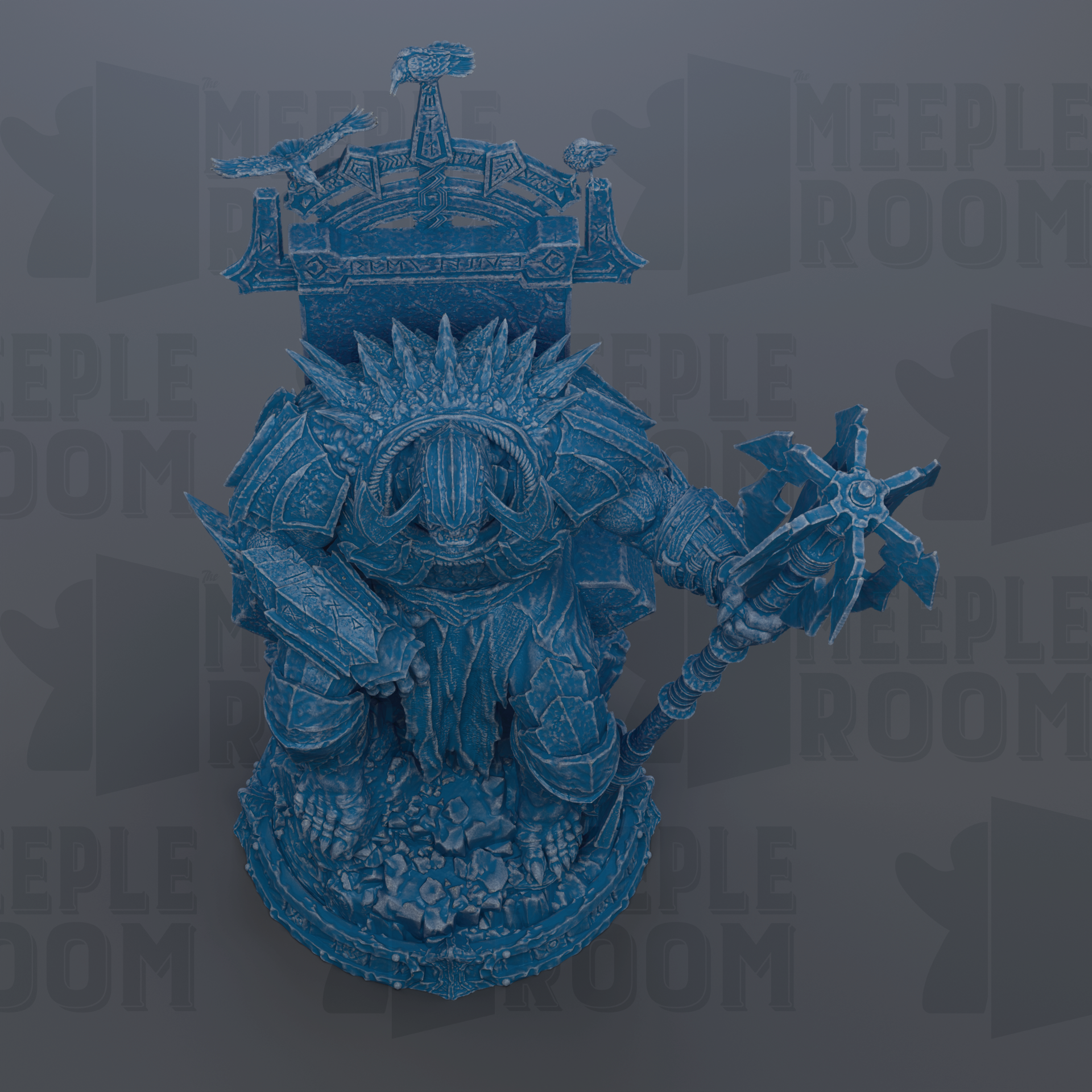 A blue, 3D-rendered statue of a warrior figure with a crown, holding a spear and shield, set against a dark background with repeated text.