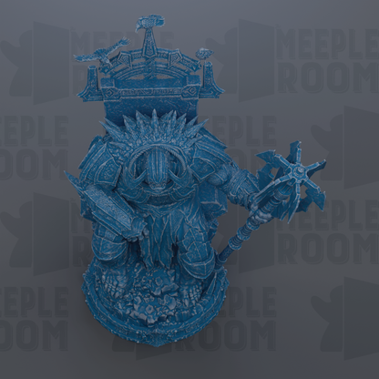 A blue, 3D-rendered statue of a warrior figure with a crown, holding a spear and shield, set against a dark background with repeated text.