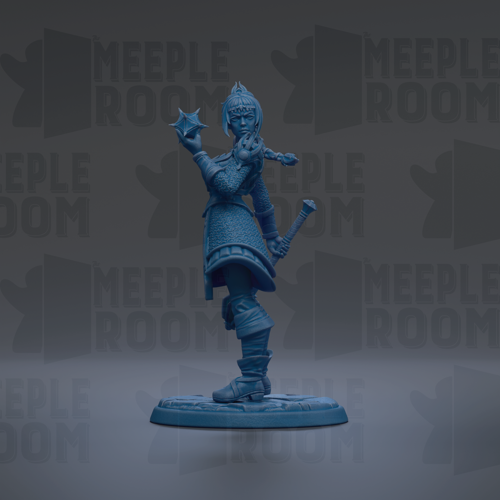 A blue figurine of a female character with a star-shaped object in her hand, standing on a base.