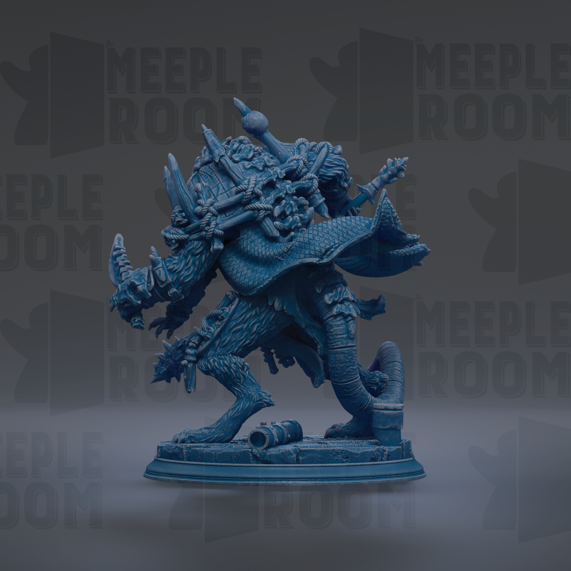 A detailed 3D model of a fantastical creature, possibly a dragon or serpent, with intricate details and textures. The creature is standing on a platform and appears to be in a dynamic pose, with its head turned to the side. The background is dark and blurred, which emphasizes the figure and its features.