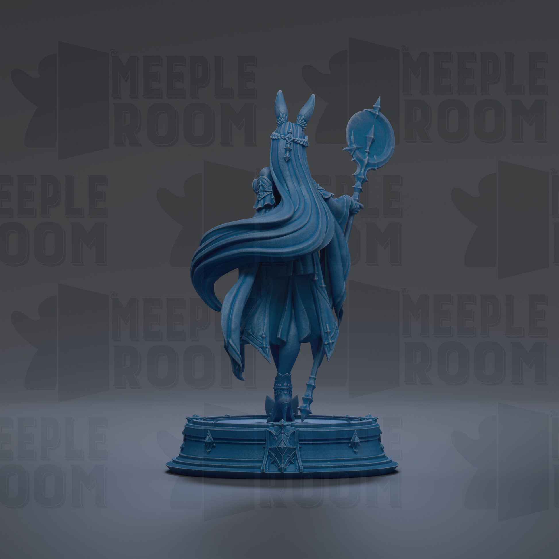 A blue statue of a figure with long hair and a flowing robe, holding a round object, stands on a pedestal against a dark background with repeated text.