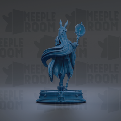 A blue statue of a figure with long hair and a flowing robe, holding a round object, stands on a pedestal against a dark background with repeated text.