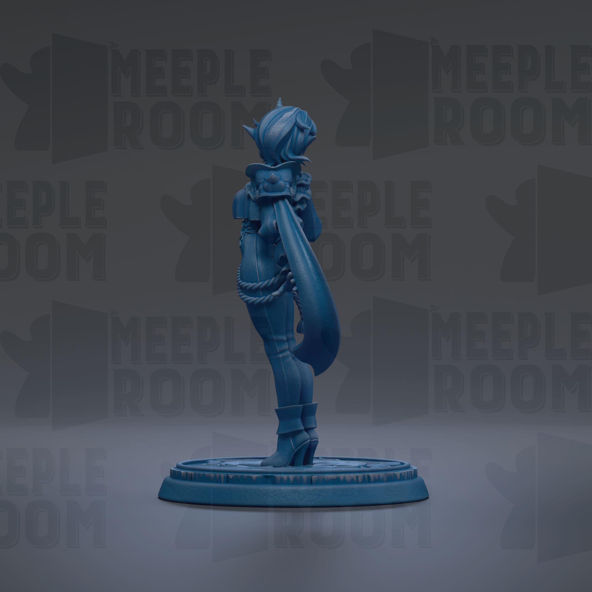 A blue figurine of a person standing on a platform against a dark background with repeated text.
