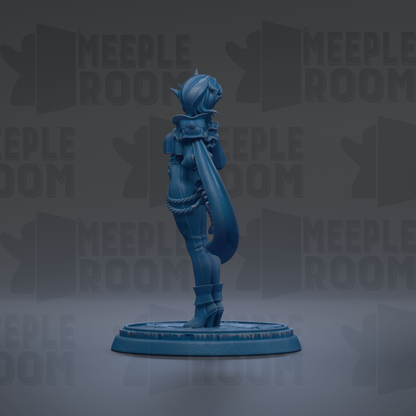 A blue figurine of a person standing on a platform against a dark background with repeated text.