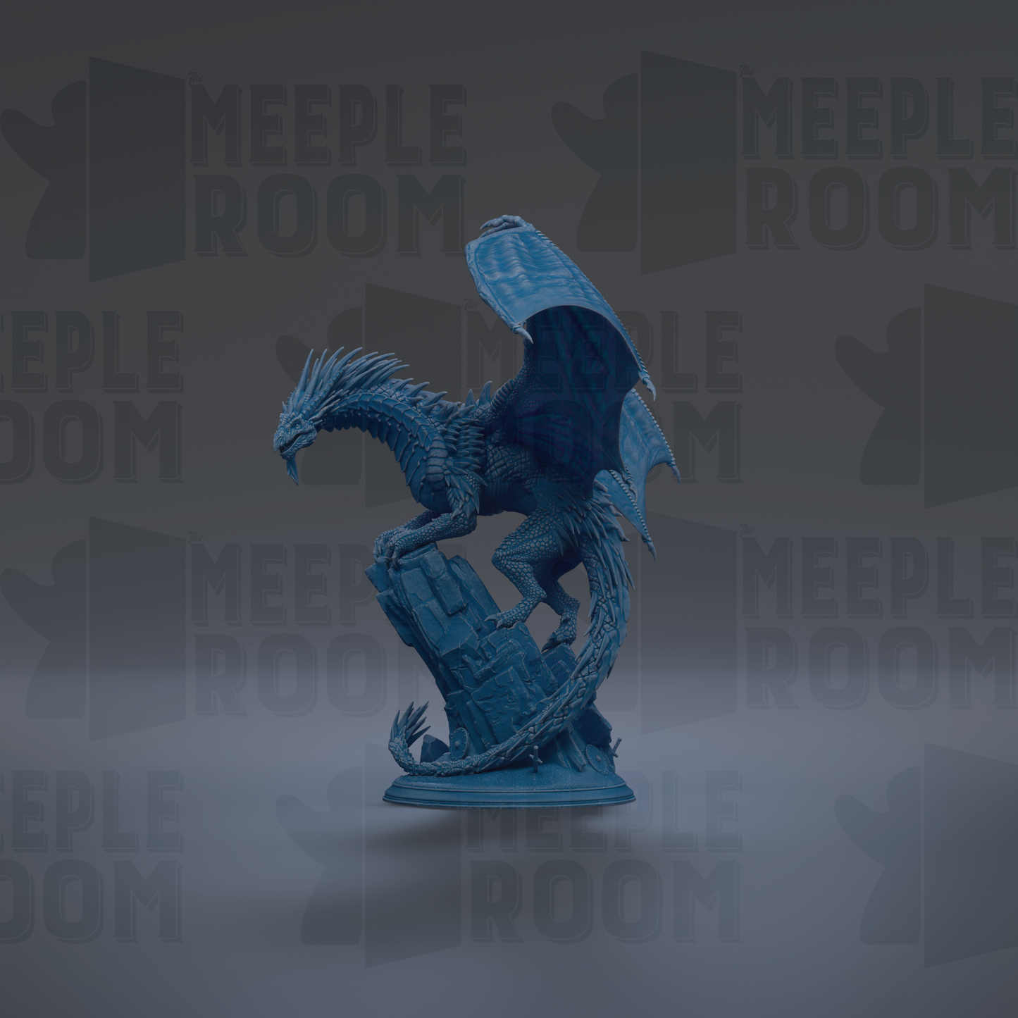 A blue dragon figurine is displayed against a dark background with repeated text.