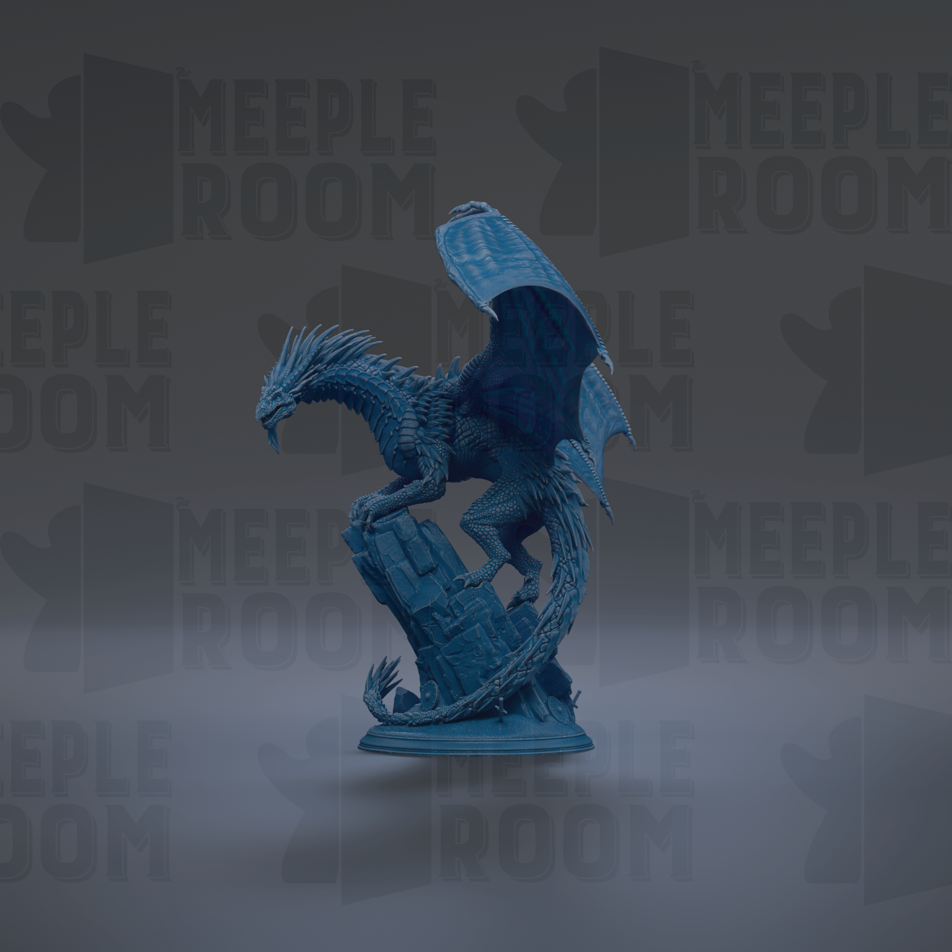 A blue dragon figurine is displayed against a dark background with repeated text.