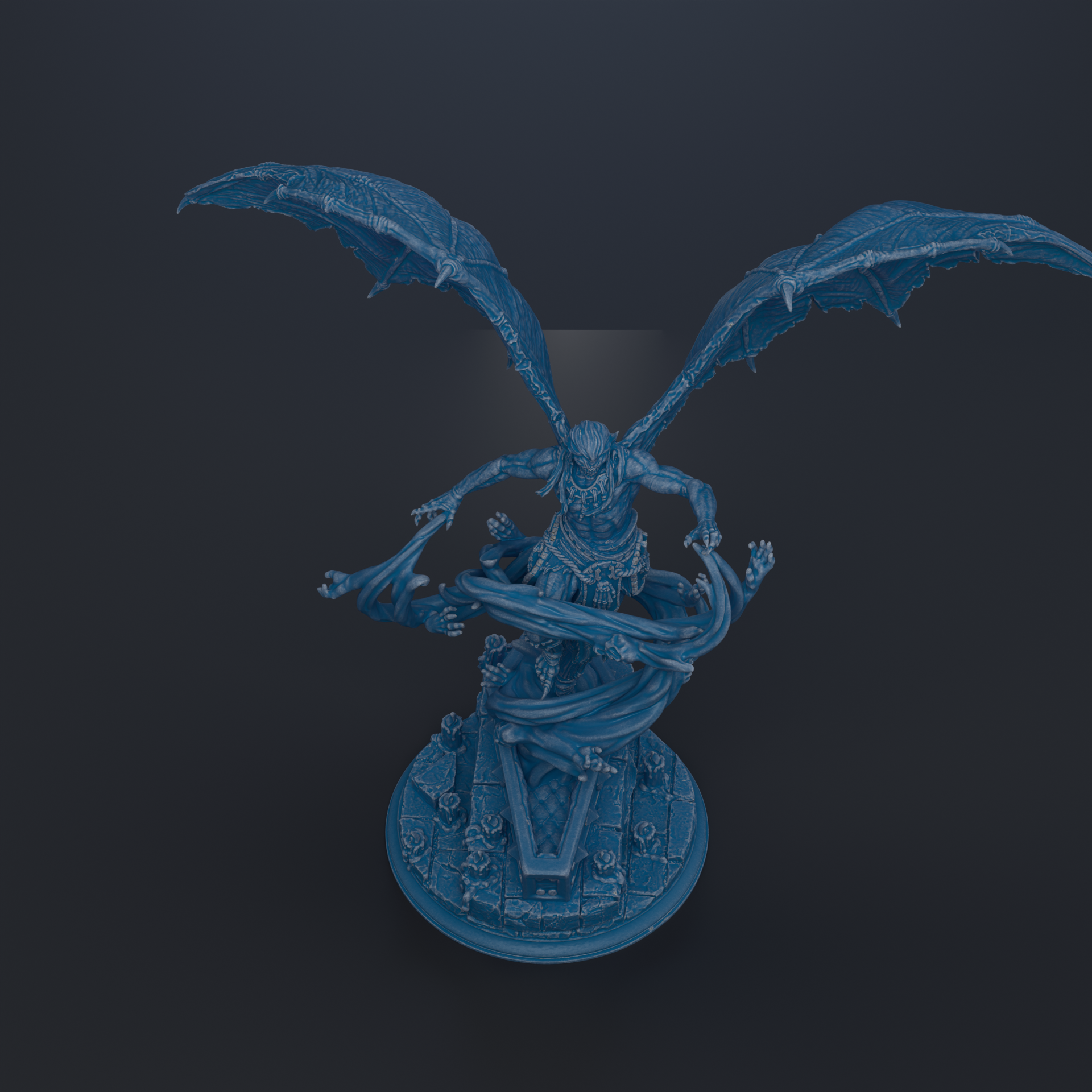 A 3D rendering of a winged, armored figure with a fierce expression, standing on a circular base.