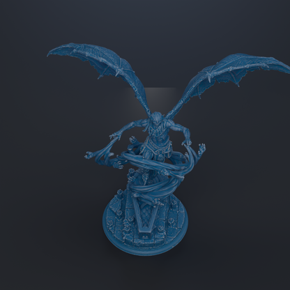 A 3D rendering of a winged, armored figure with a fierce expression, standing on a circular base.