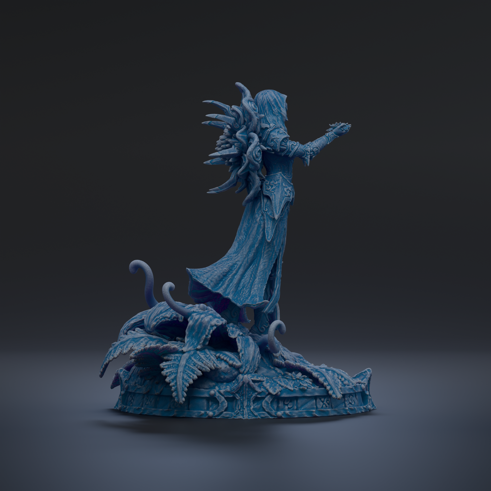 A 3D rendering of a fantastical, winged creature with intricate, flowing patterns and textures, standing on a base with leaves and other organic elements.