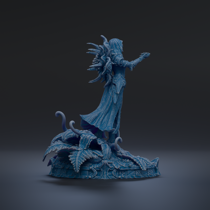 A 3D rendering of a fantastical, winged creature with intricate, flowing patterns and textures, standing on a base with leaves and other organic elements.