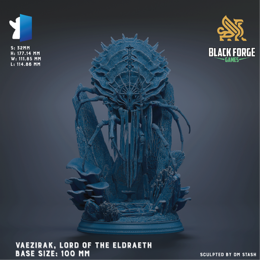 a detailed, blue-colored figurine of a fantastical creature, resembling a dragon or a sea monster, with intricate details and a large head. The figurine is placed on a base that is described as "100 mm" in size. The image is a part of a larger collection, as indicated by the text "BLACK FORGE GAMES" and "Sculpted by DM Stash".
