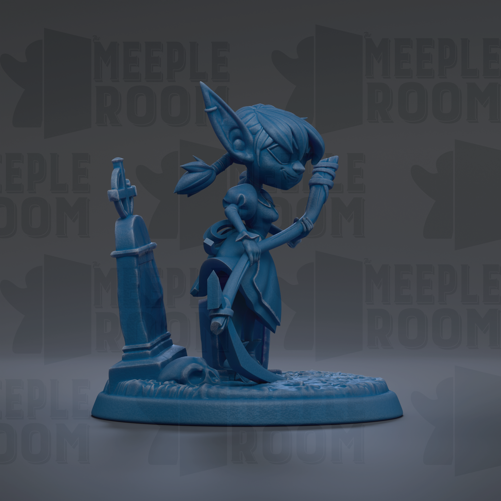 A blue figurine of a character with large ears and a pointed hat, standing on a base with a skull and crossbones symbol.